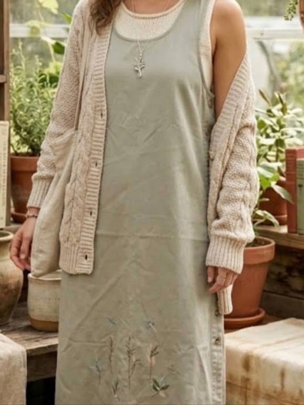 Vtg Capistrano Tan Floral Embroidered Cotton Jumper Pinafore Dress Size 14/16